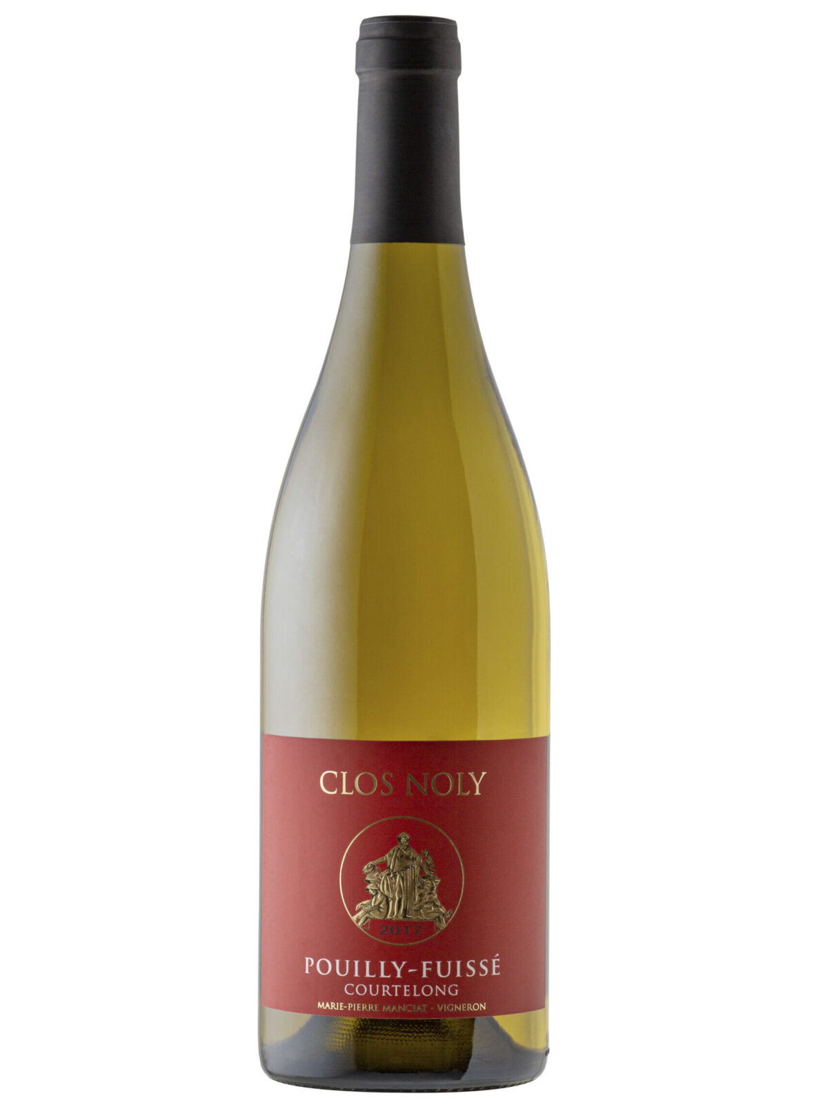Domaine Le Clos Noly Pouilly Wine bottle with red label.