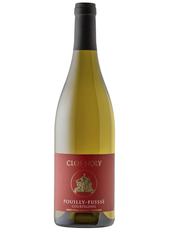 Domaine Le Clos Noly Pouilly Wine bottle with red label.